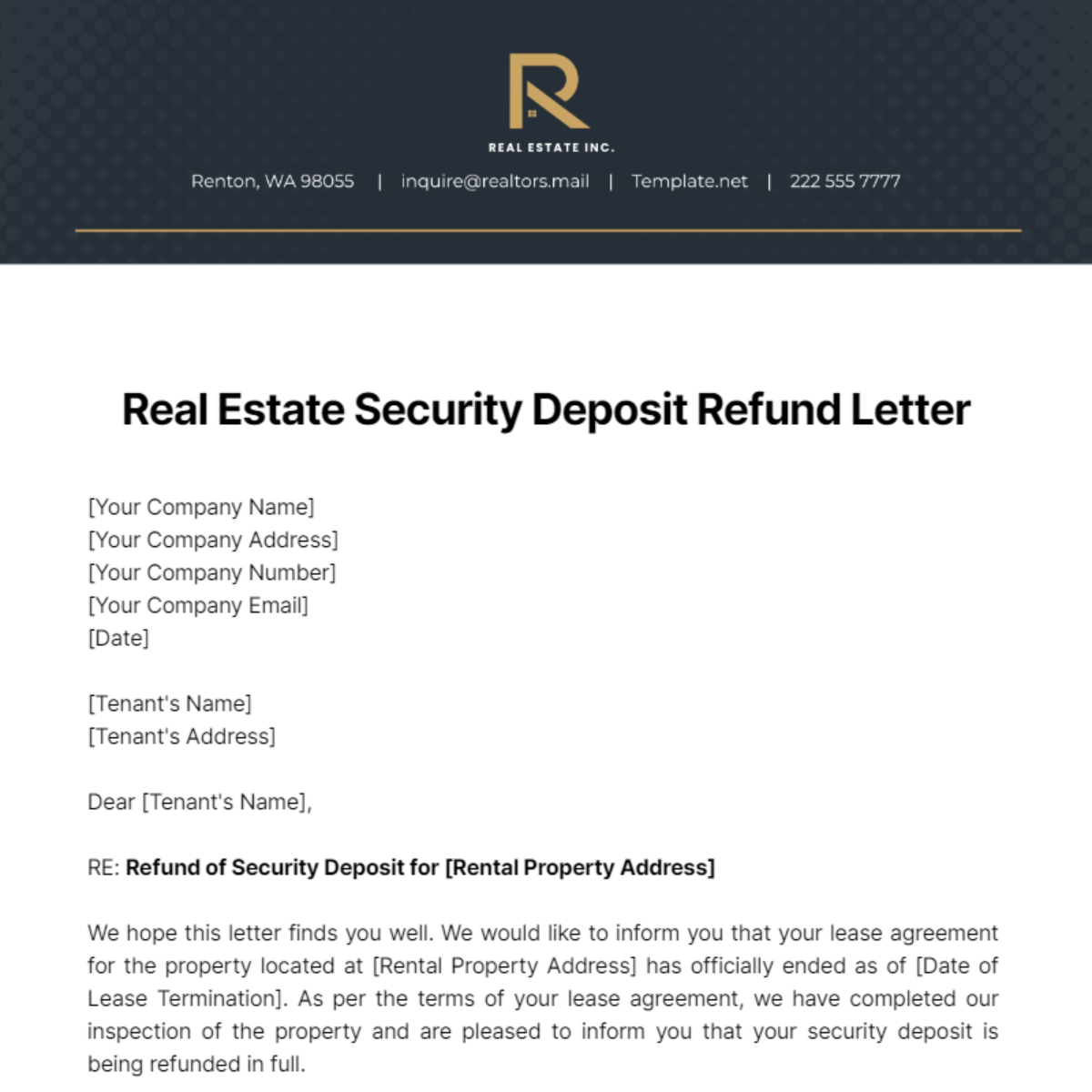 Real Estate Security Deposit Refund Letter Template