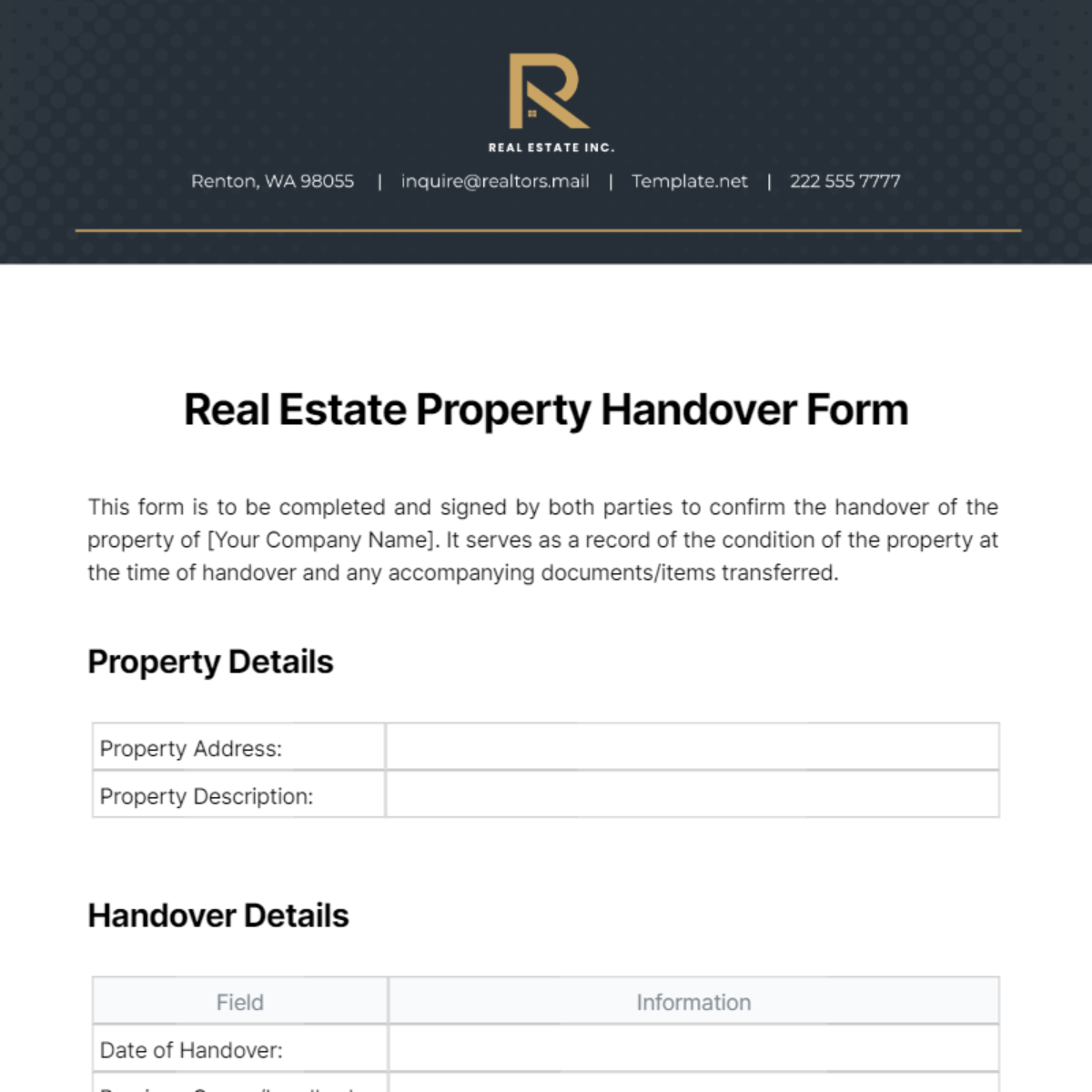 Real Estate Property Handover Form Template