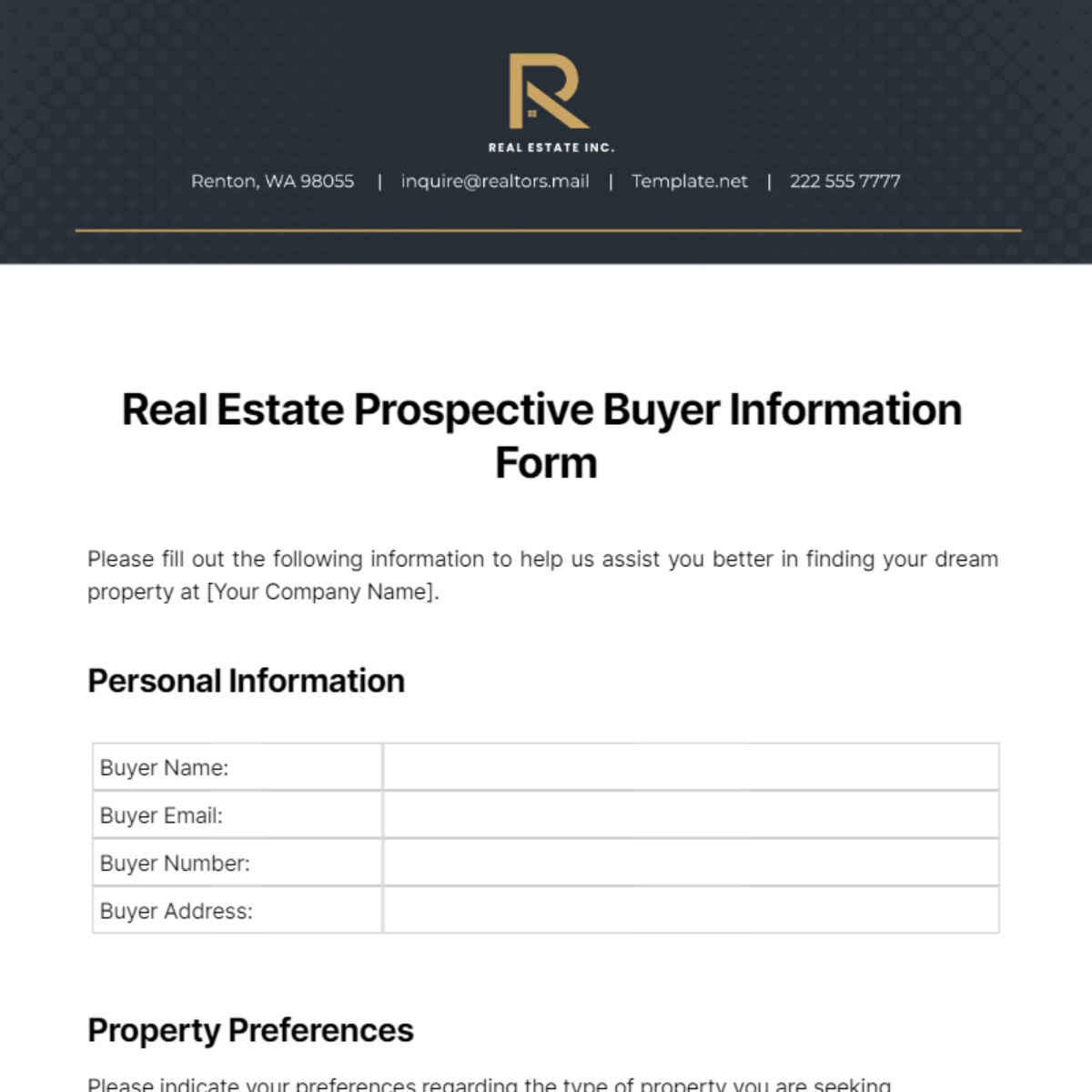 Free Real Estate Prospective Buyer Information Form Template