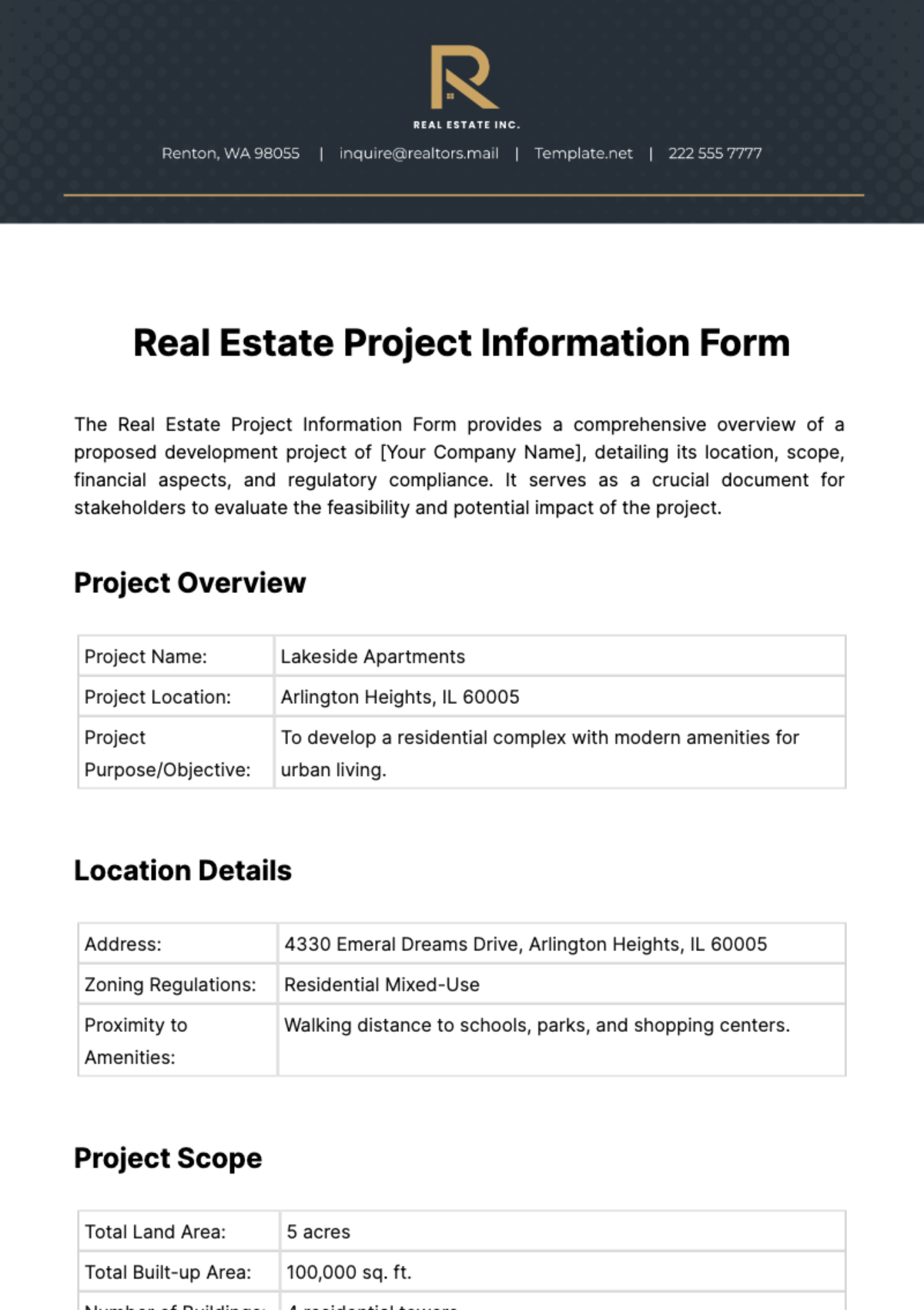 Free Real Estate Project Information Form Template