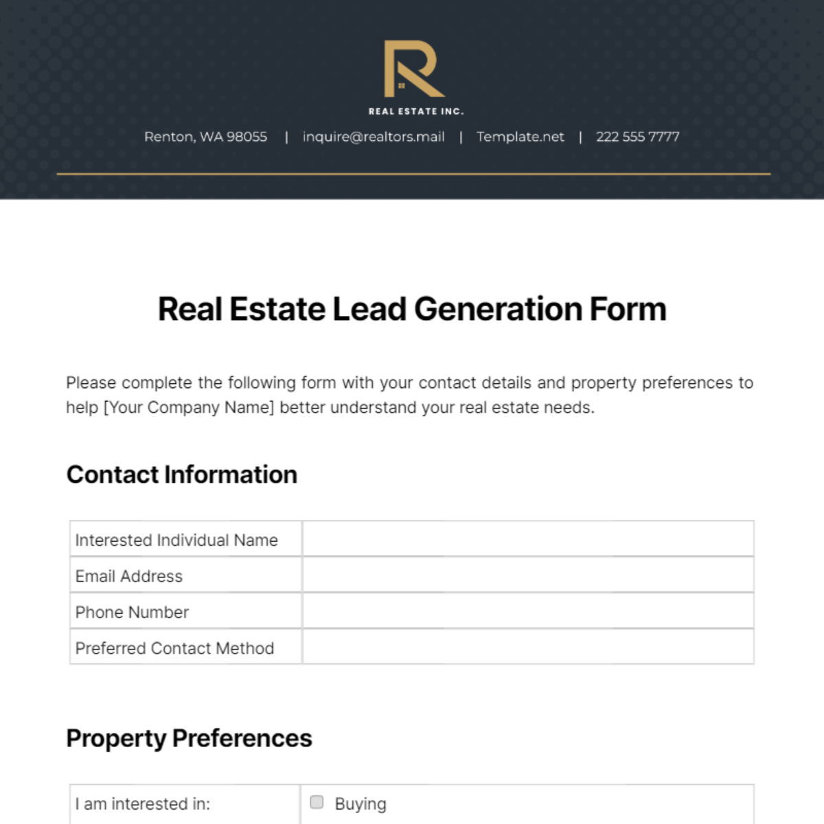 Free Real Estate Lead Generation Form Template