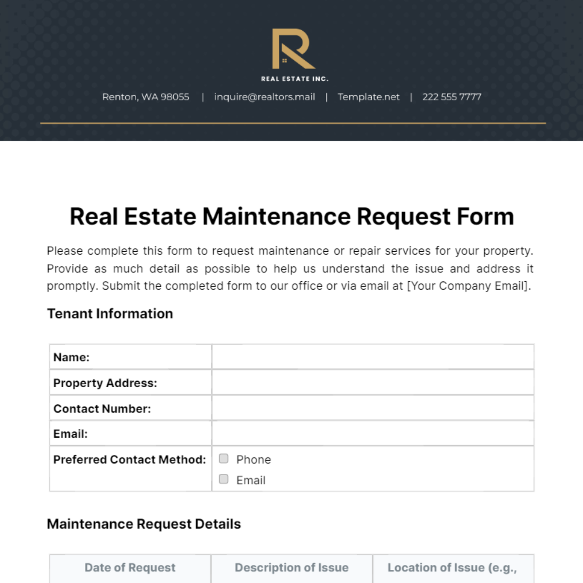 Real Estate Maintenance Request Form Template