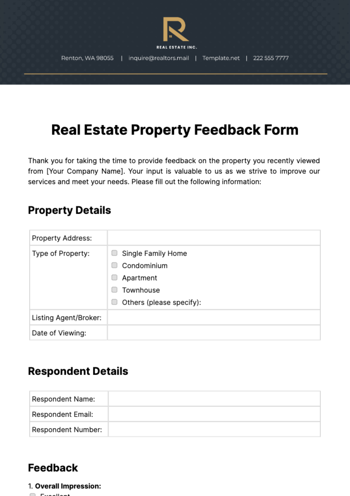 Free Real Estate Property Feedback Form Template