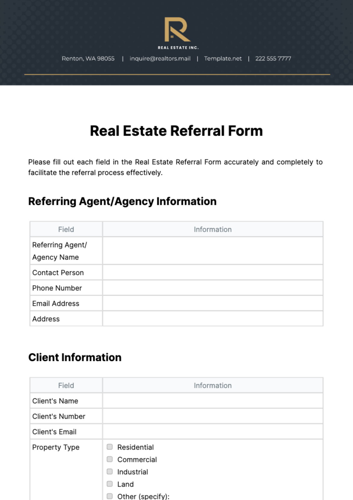 Free Real Estate Referral Form Template