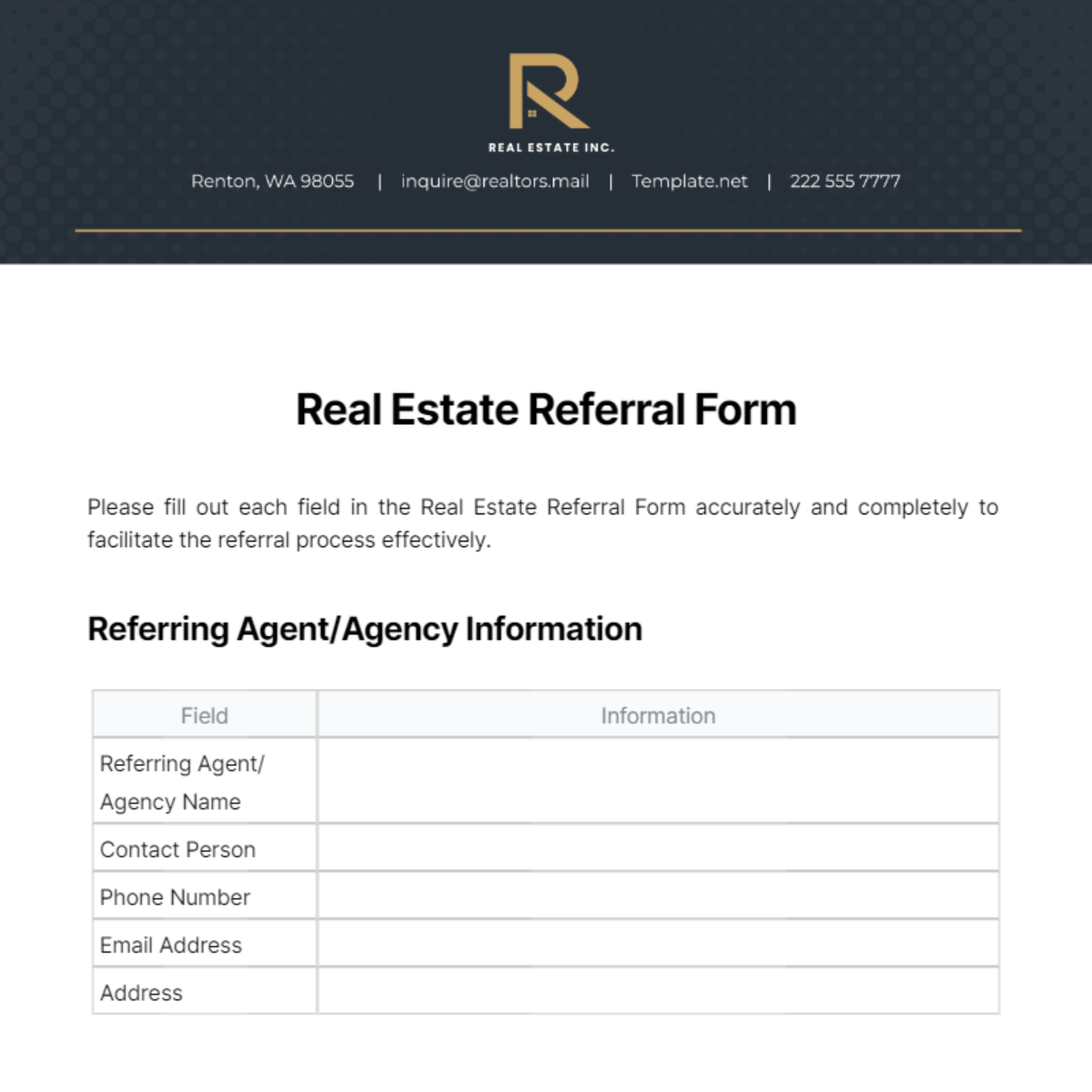Real Estate Referral Form Template Edit Online And Download Example 1168