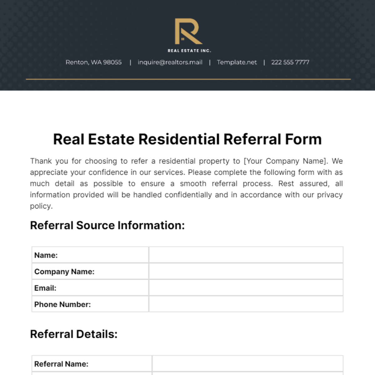 Real Estate Residential Referral Form Template