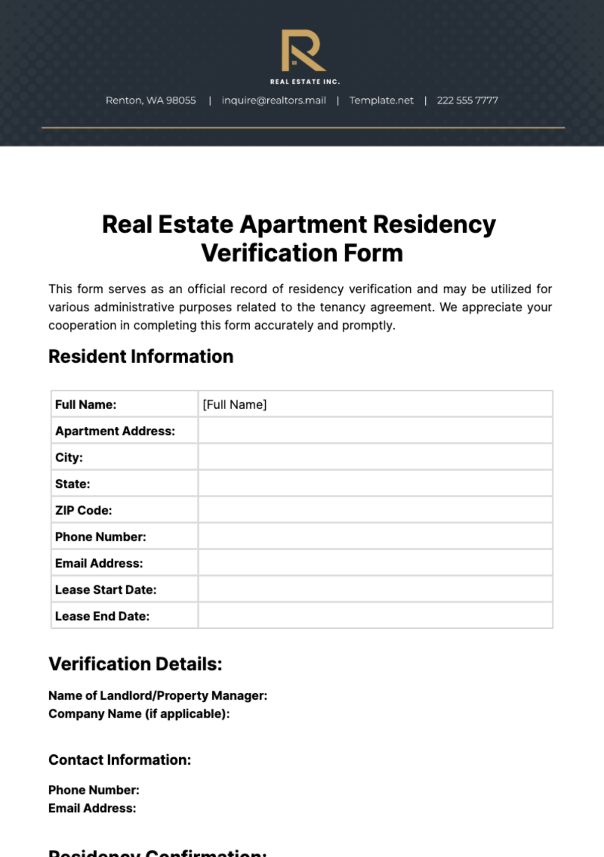 Free Real Estate Apartment Residency Verification Form Template