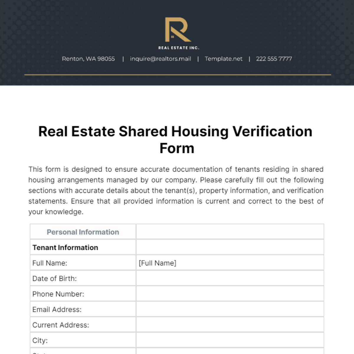 Real Estate Shared Housing Verification Form Template
