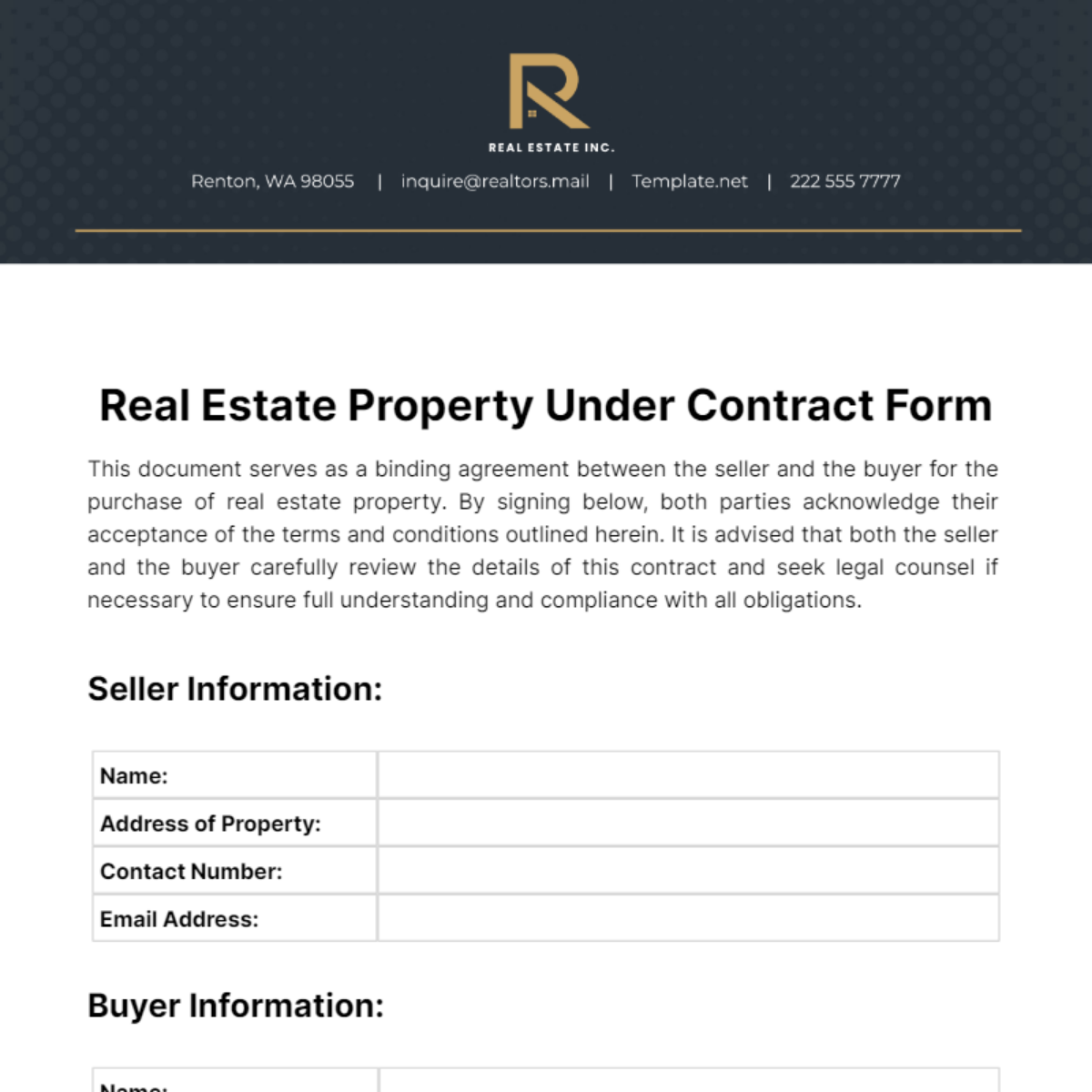 Free Real Estate Property Under Contract Form Template