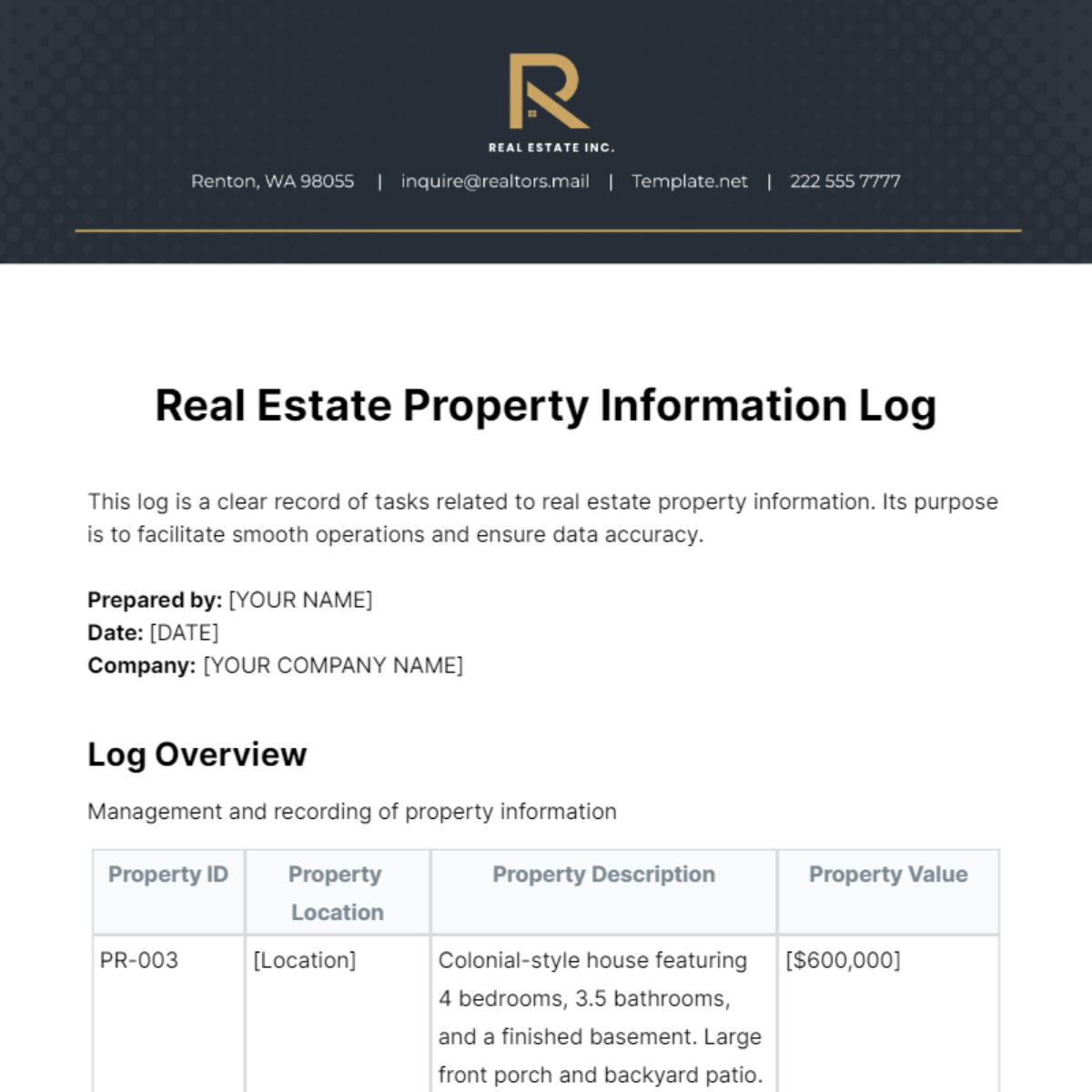 Free Real Estate Property Information Log Template