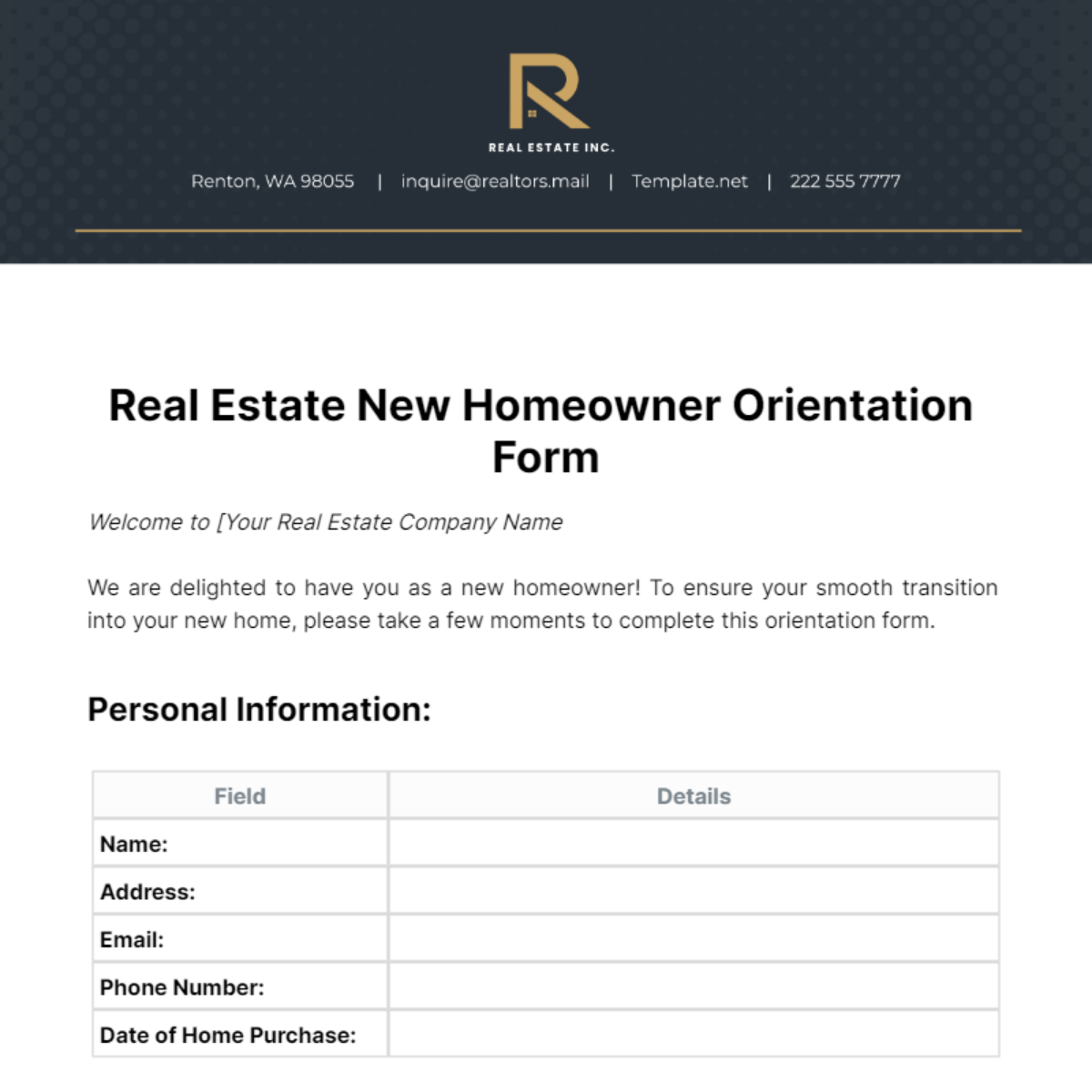 Real Estate New Homeowner Orientation Form Template