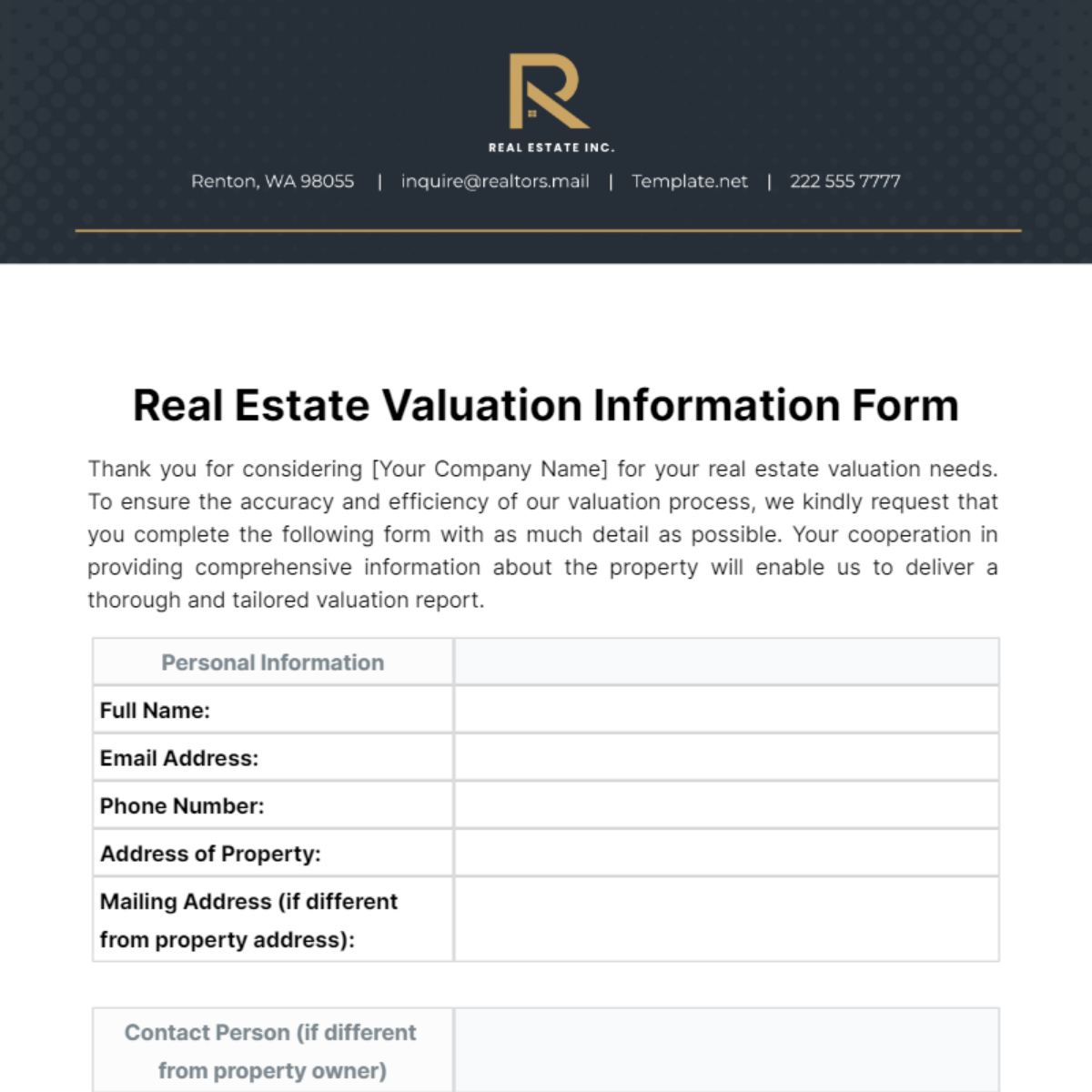 Free Real Estate Valuation Information Form Template