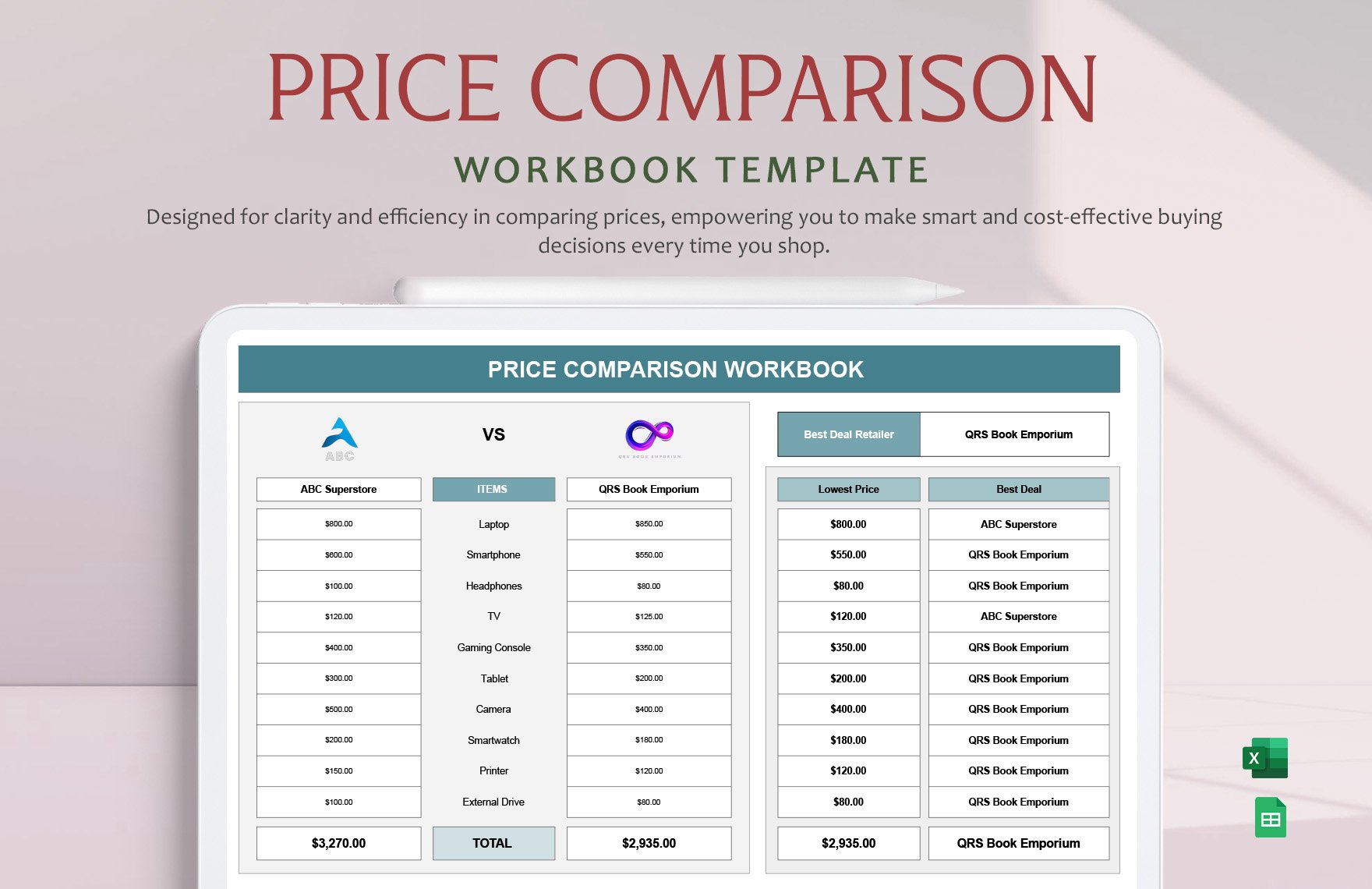 Price Comparison Workbook Template in Excel, Google Sheets