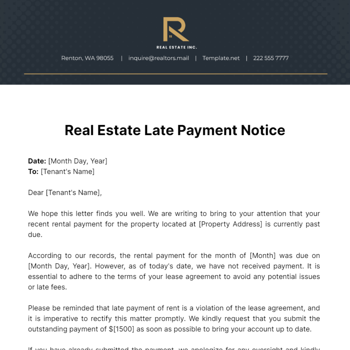 Real Estate Late Payment Notice Template - Edit Online & Download