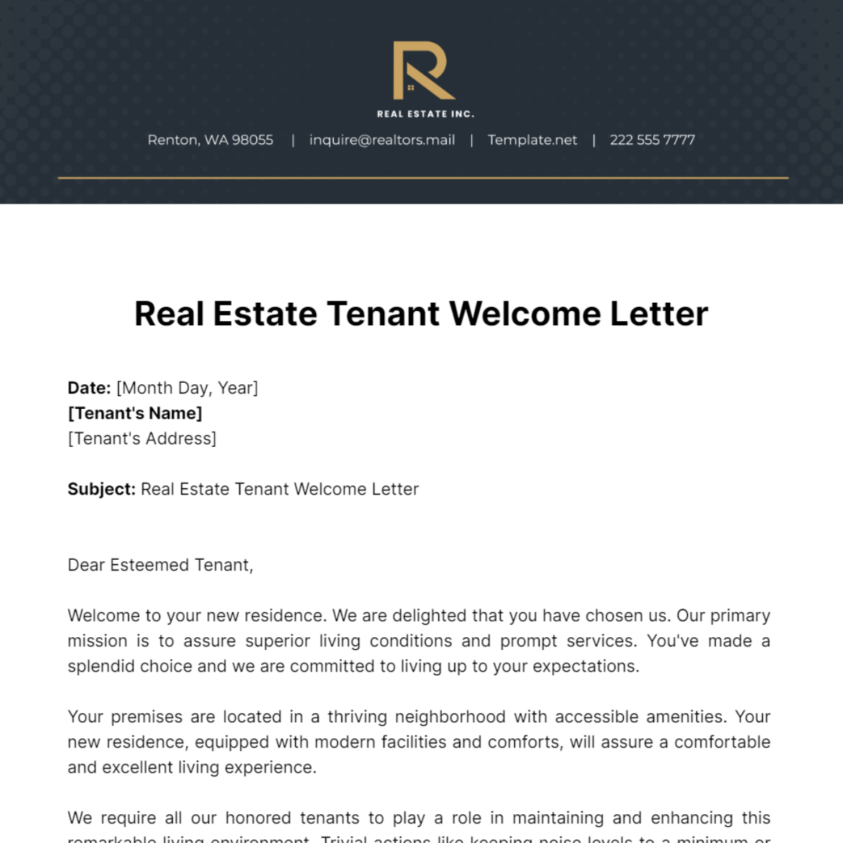 Real Estate Tenant Welcome Letter Template