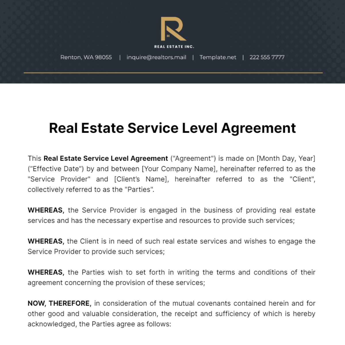 Real Estate Service Level Agreement Template
