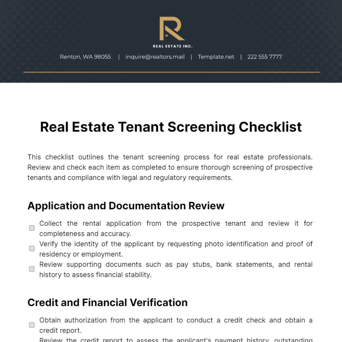 Real Estate Tenant Screening Checklist Template