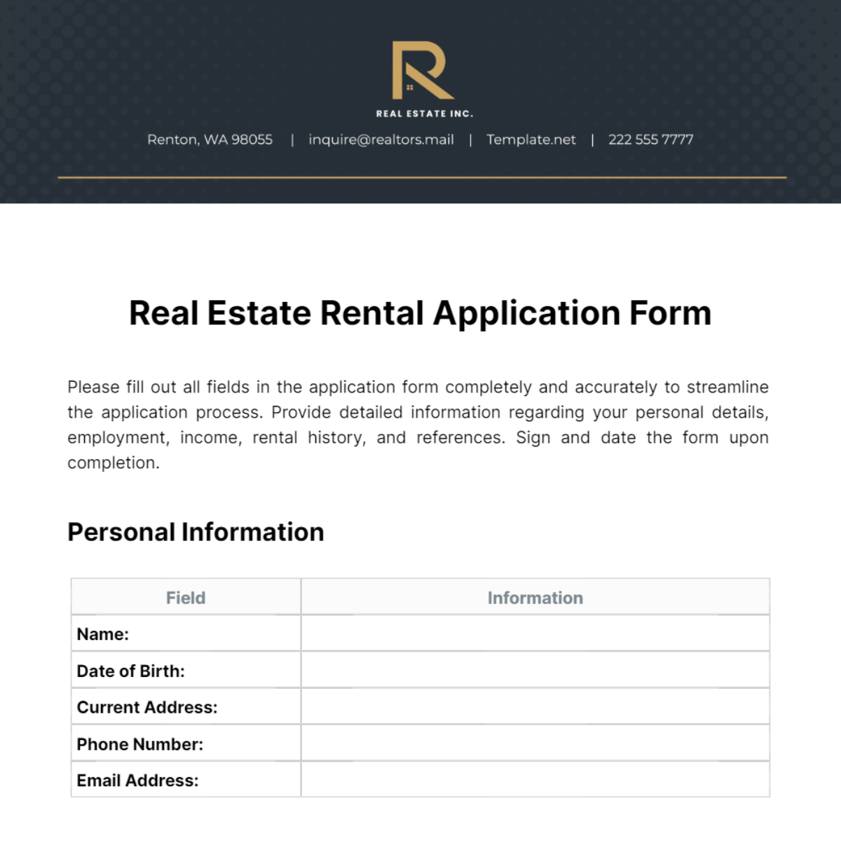 Free Real Estate Rental Application Form Template