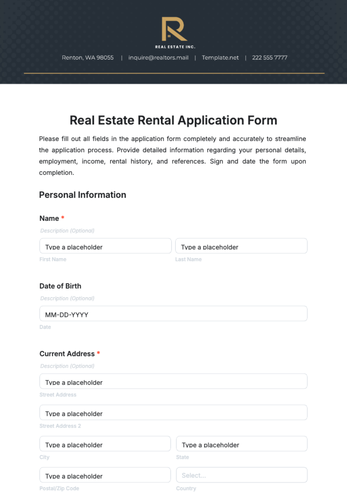 Real Estate Rental Application Form Template - Edit Online & Download