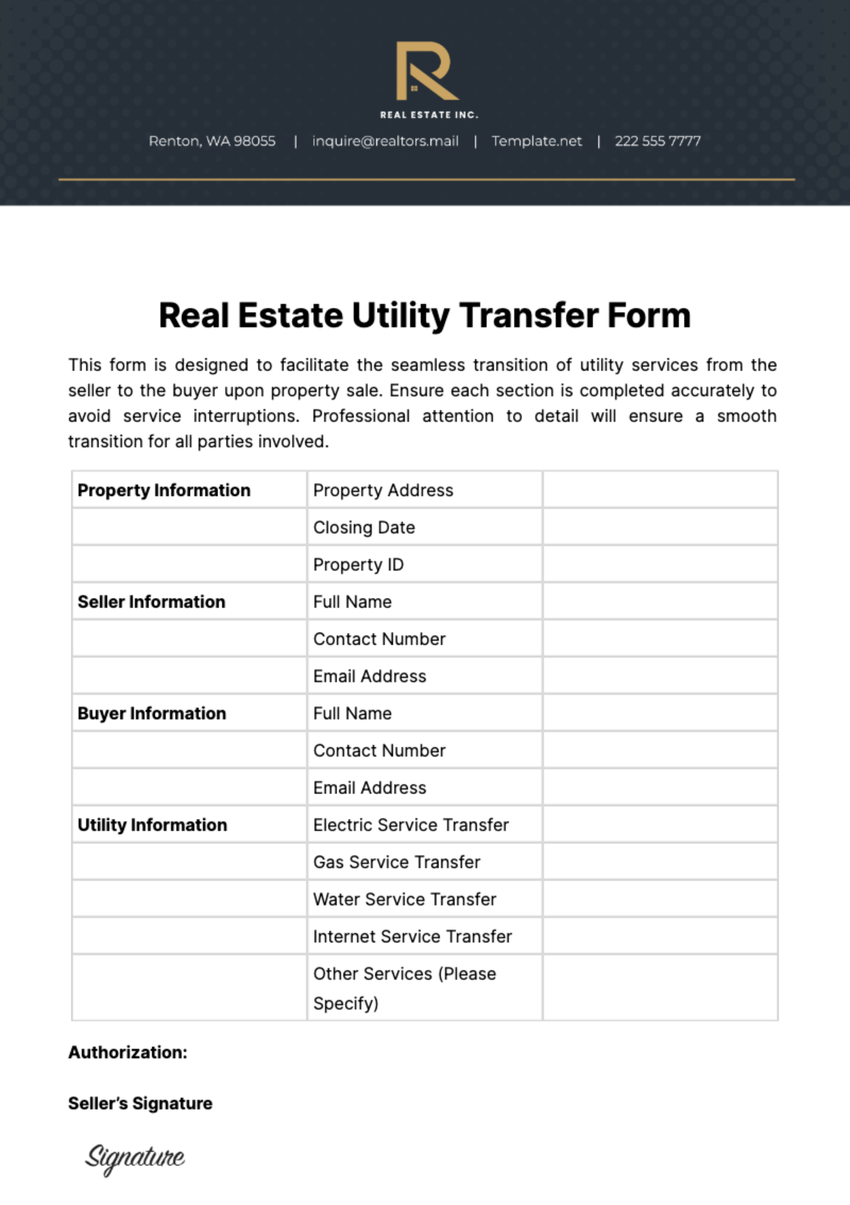 Real Estate Utility Transfer Form Template