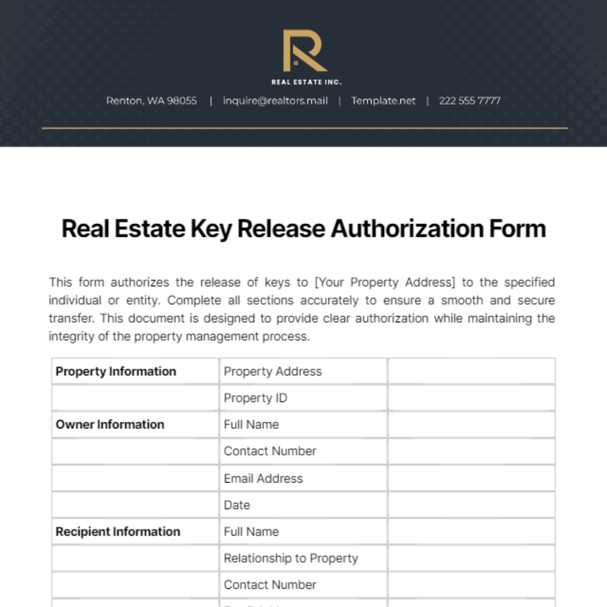 Free Real Estate Key Release Authorization Form Template