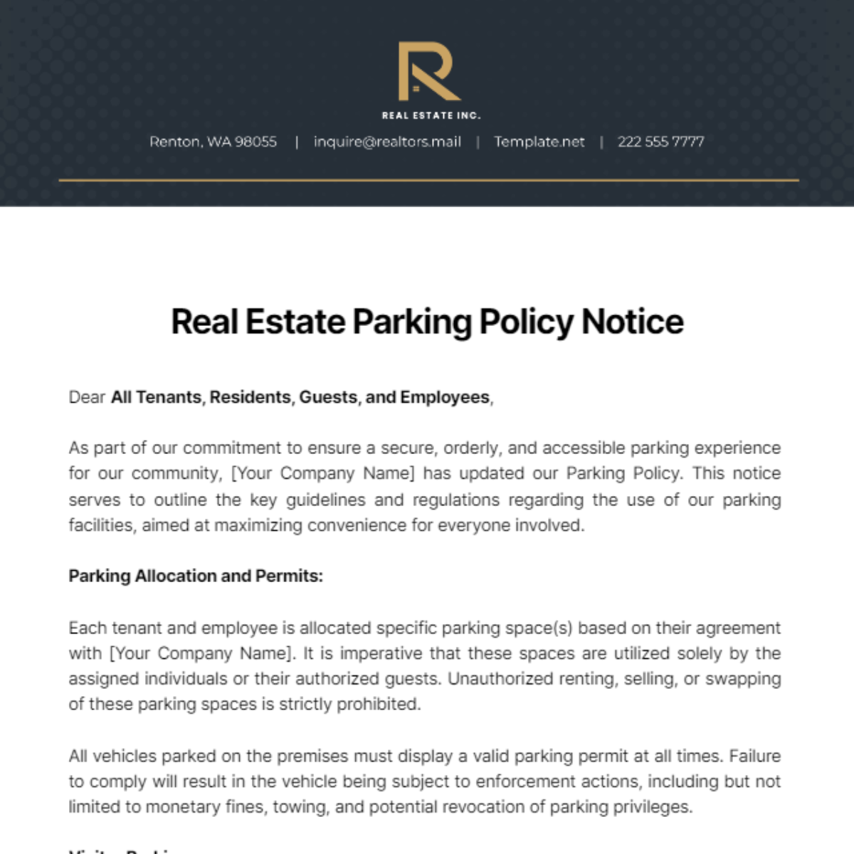Free Real Estate Parking Policy Notice Template