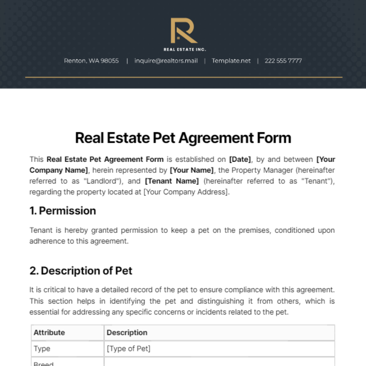 Real Estate Pet Agreement Form Template