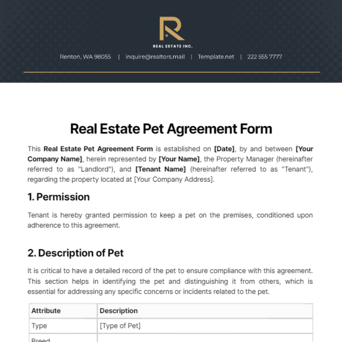 Real Estate Pet Agreement Form Template - Edit Online & Download