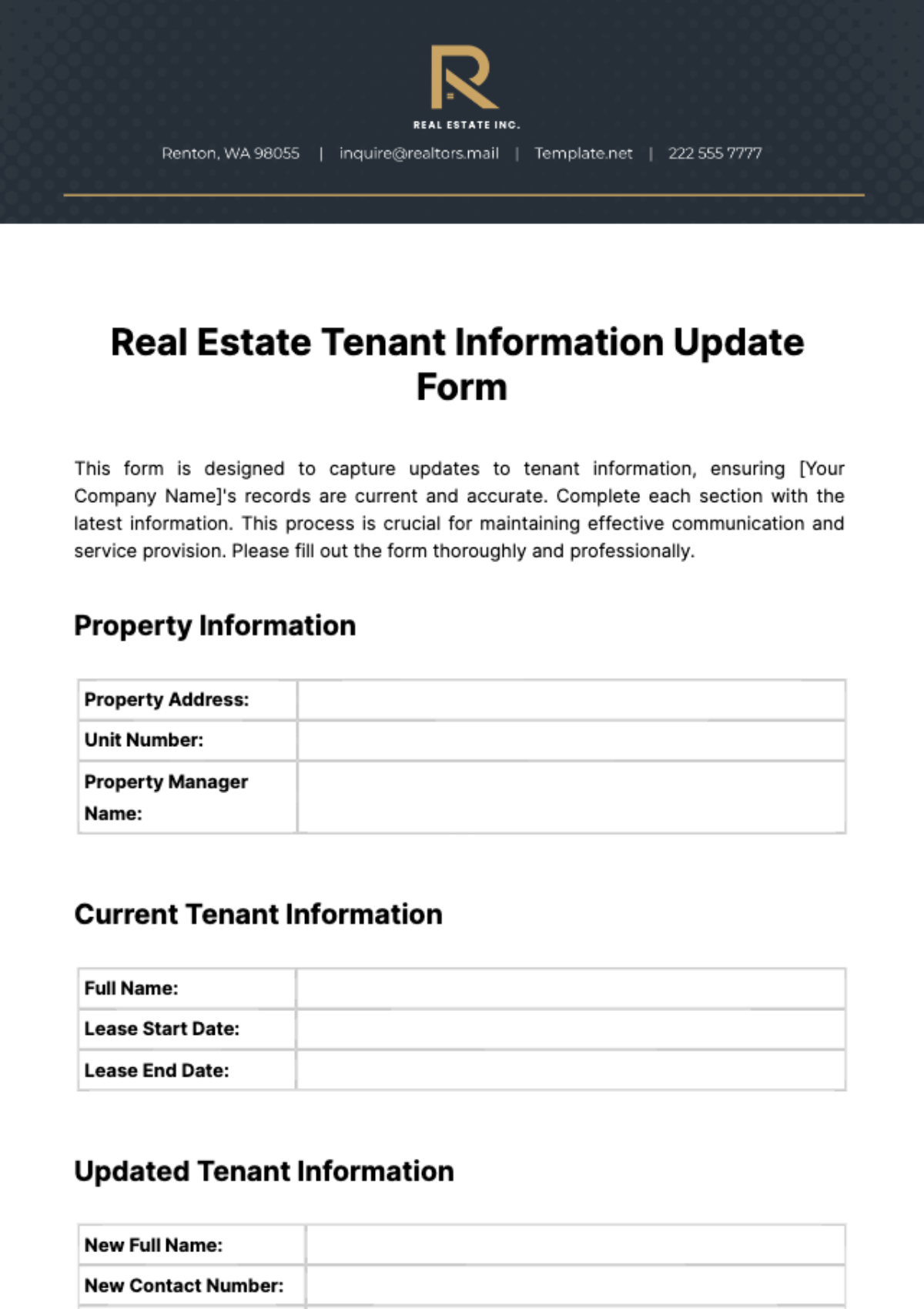 Free Real Estate Tenant Information Update Form Template