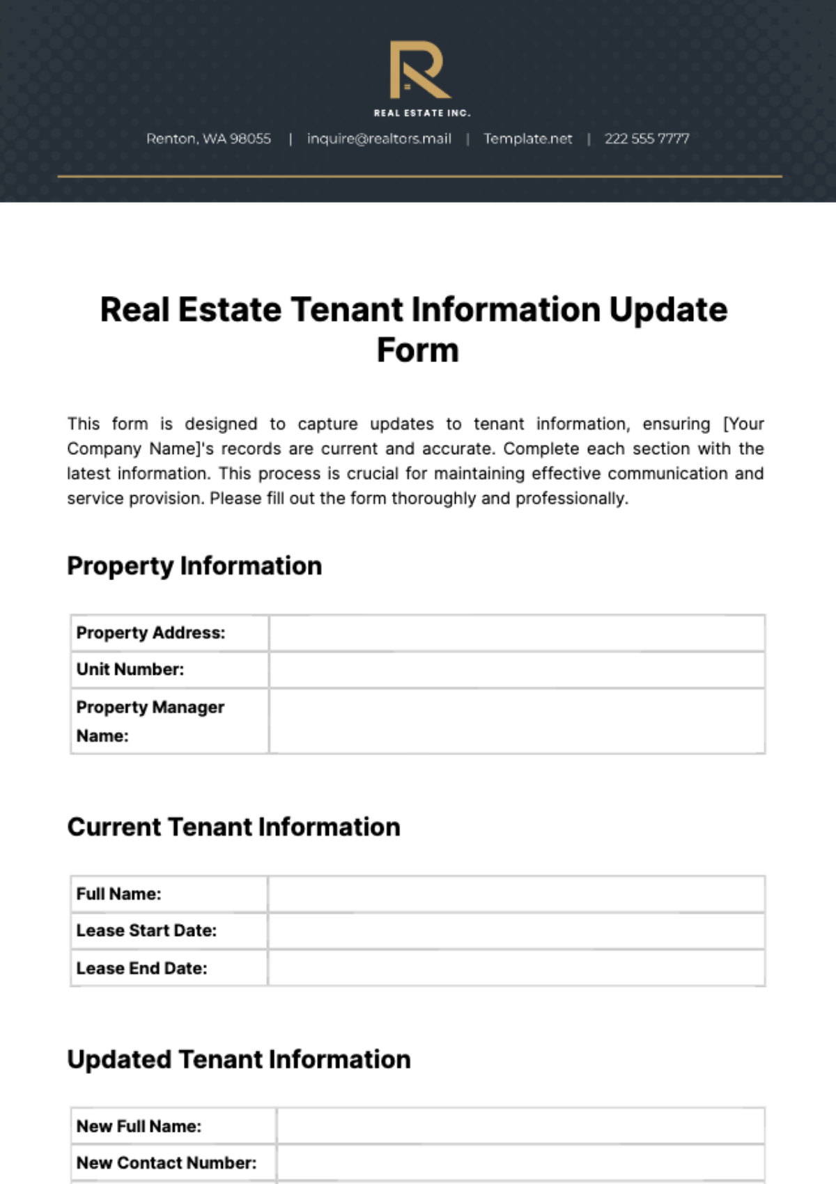 Real Estate Tenant Information Update Form Template