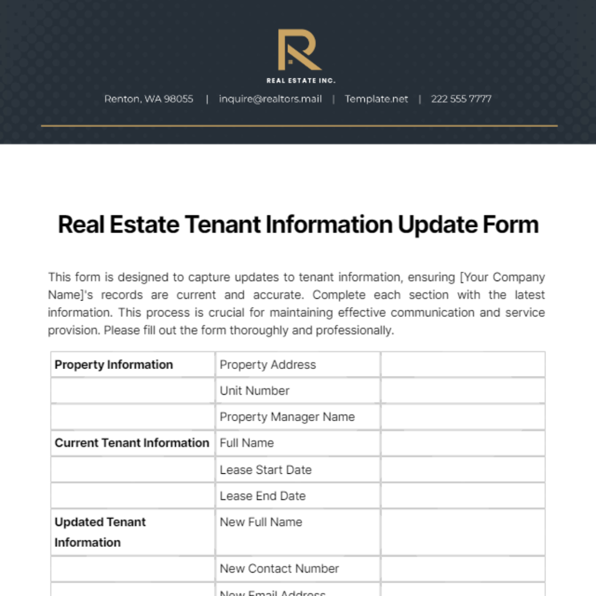 Real Estate Tenant Information Update Form Template