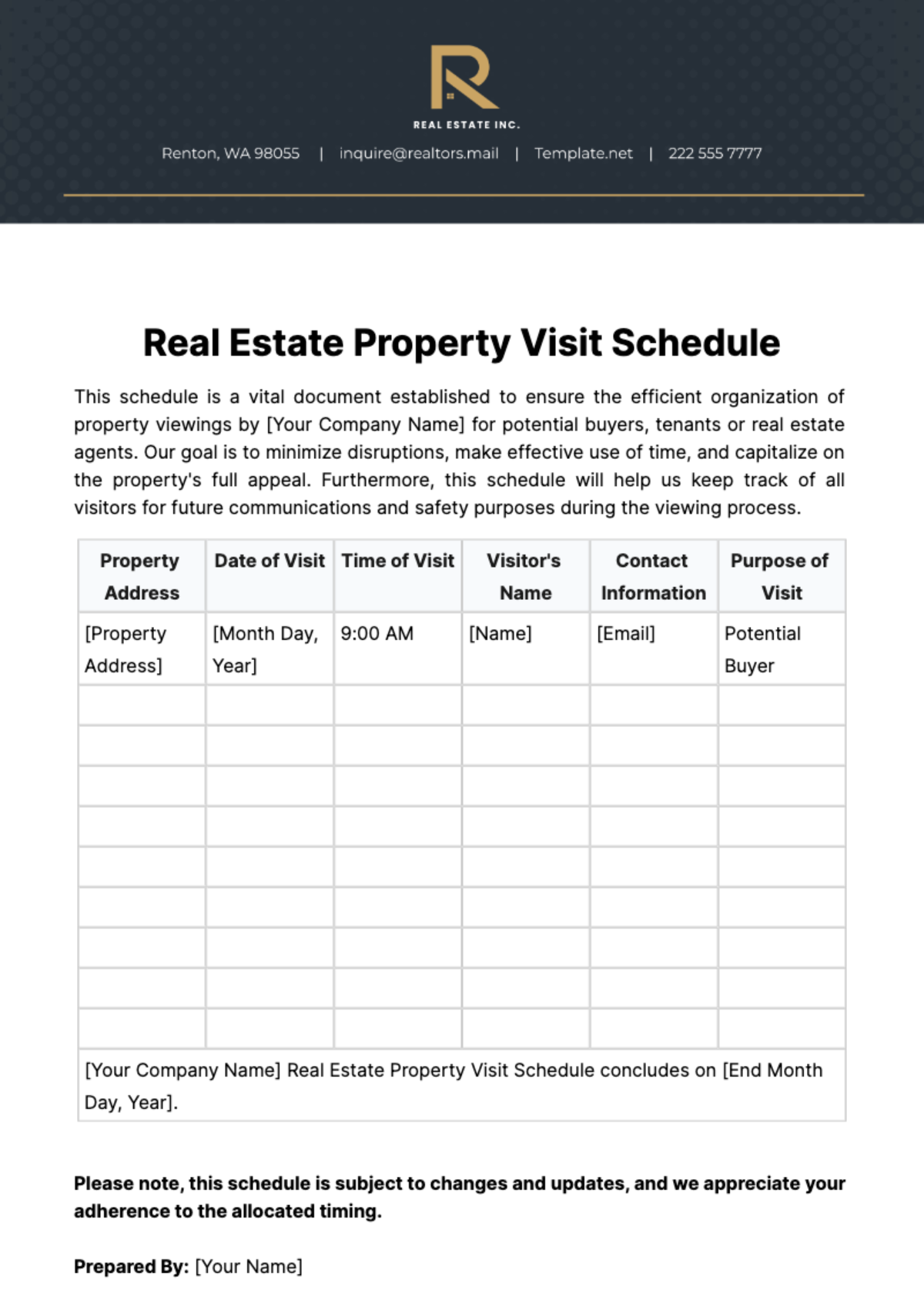 Real Estate Property Visit Schedule Template