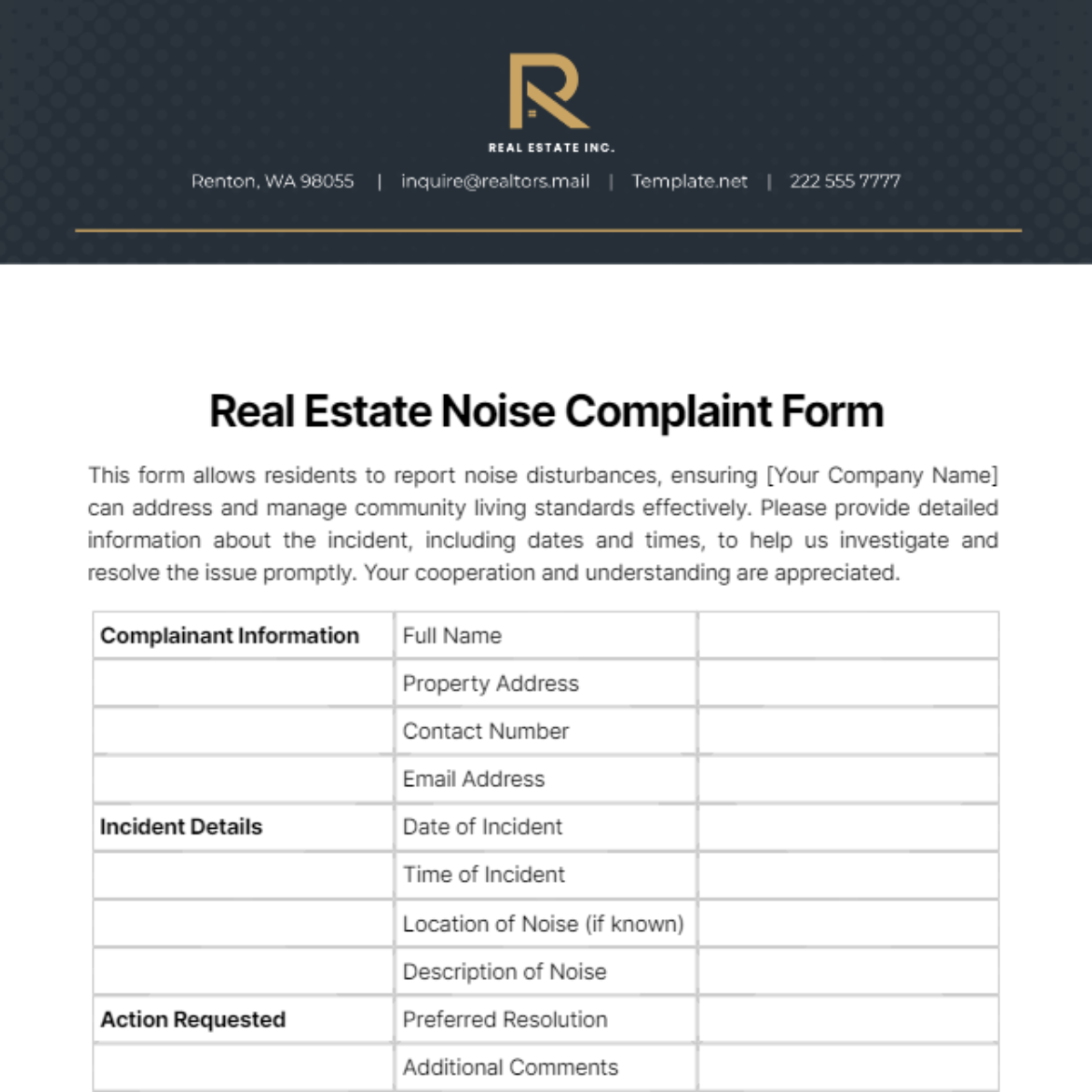 Free Real Estate Noise Complaint Form Template