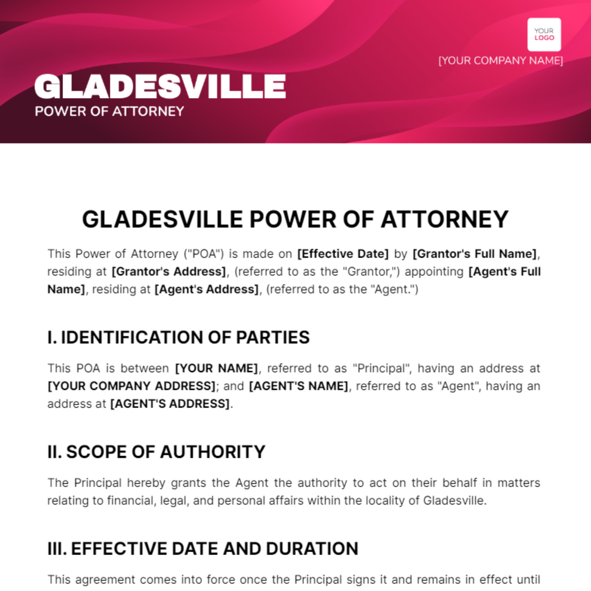 Free Gladesville Power of Attorney Template