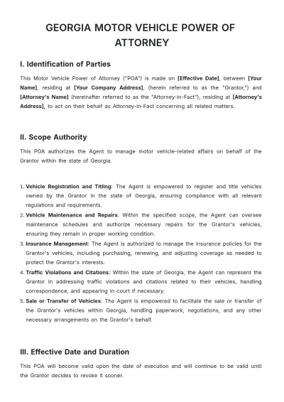 Free Georgia Motor Vehicle Power of Attorney Template to Edit Online