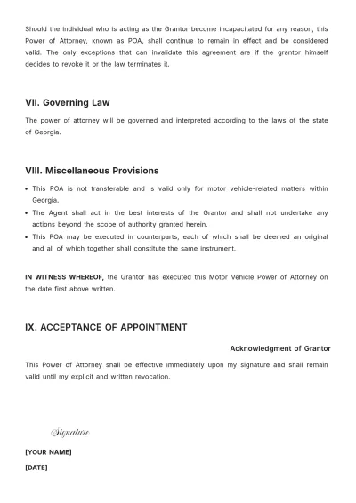 Free Georgia Motor Vehicle Power of Attorney Template to Edit Online