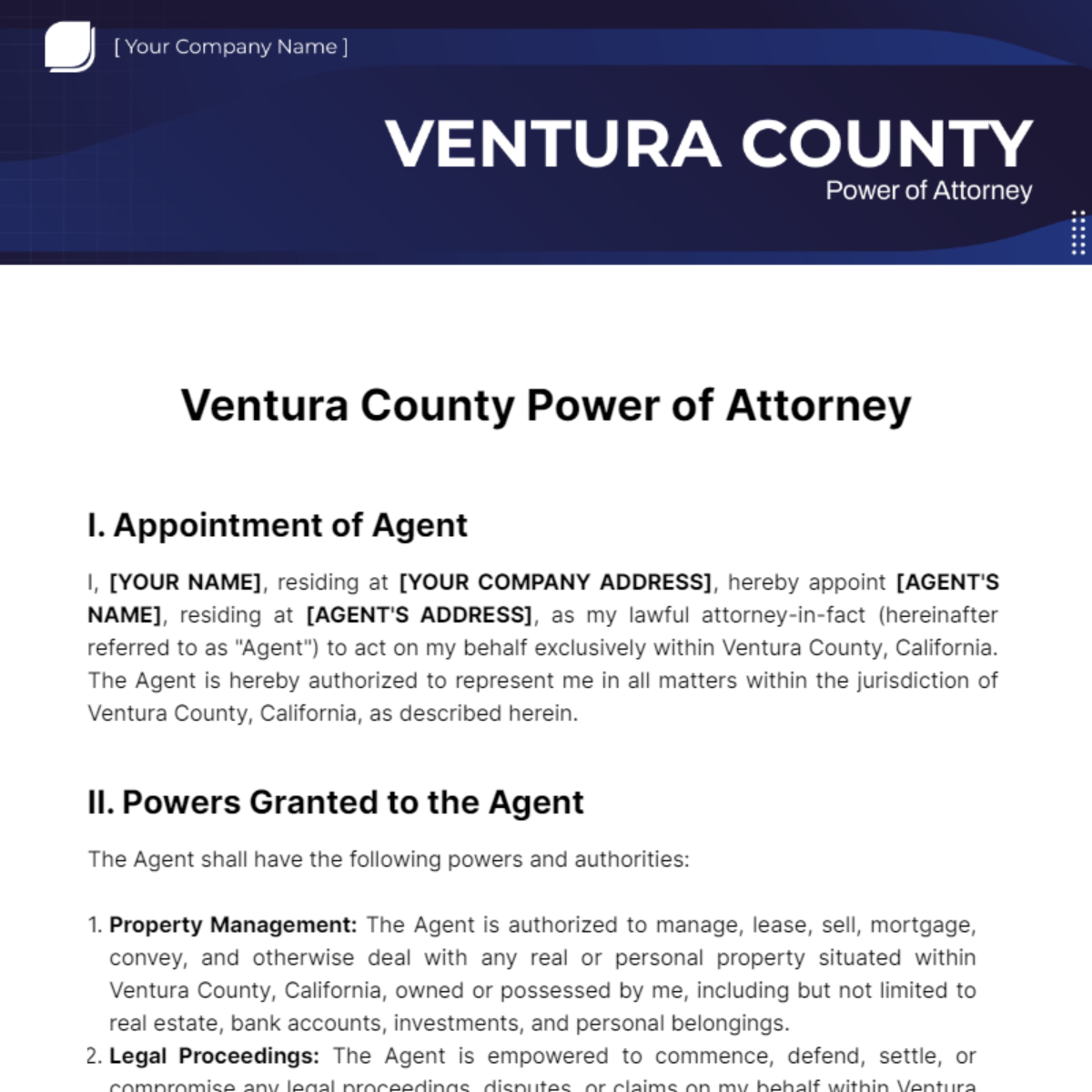 Free Ventura County Power of Attorney Template