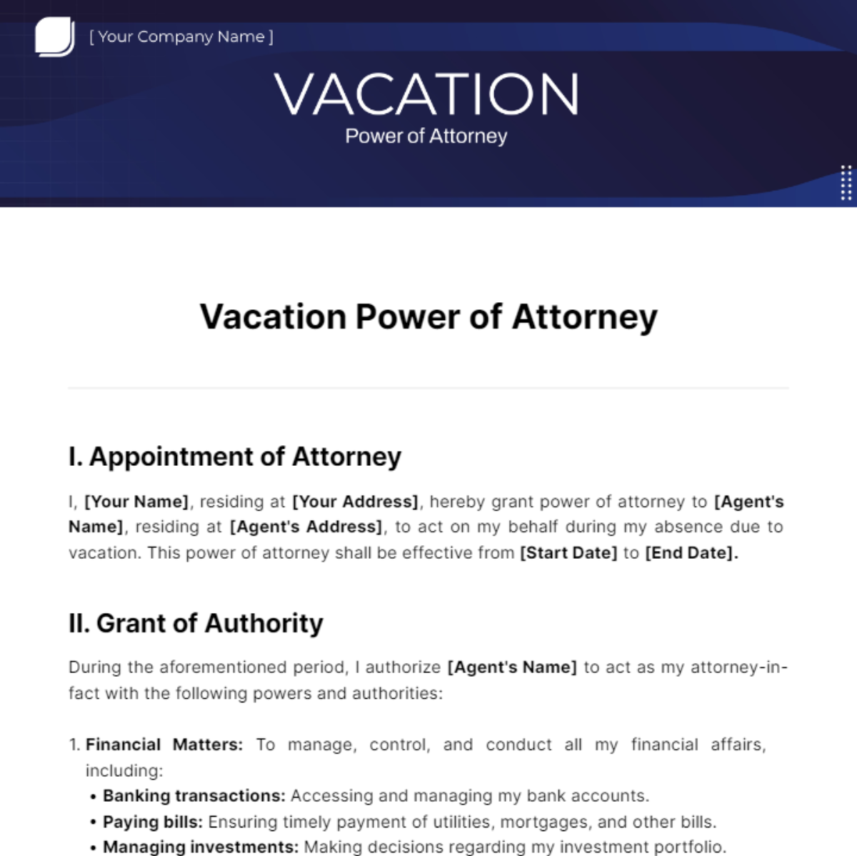 Vacation Power of Attorney Template