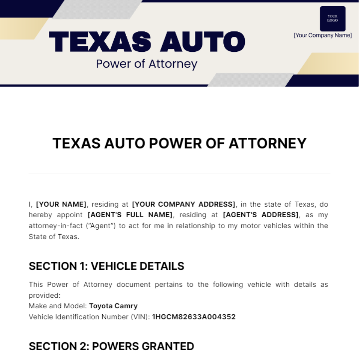 Texas Auto Power of Attorney Template
