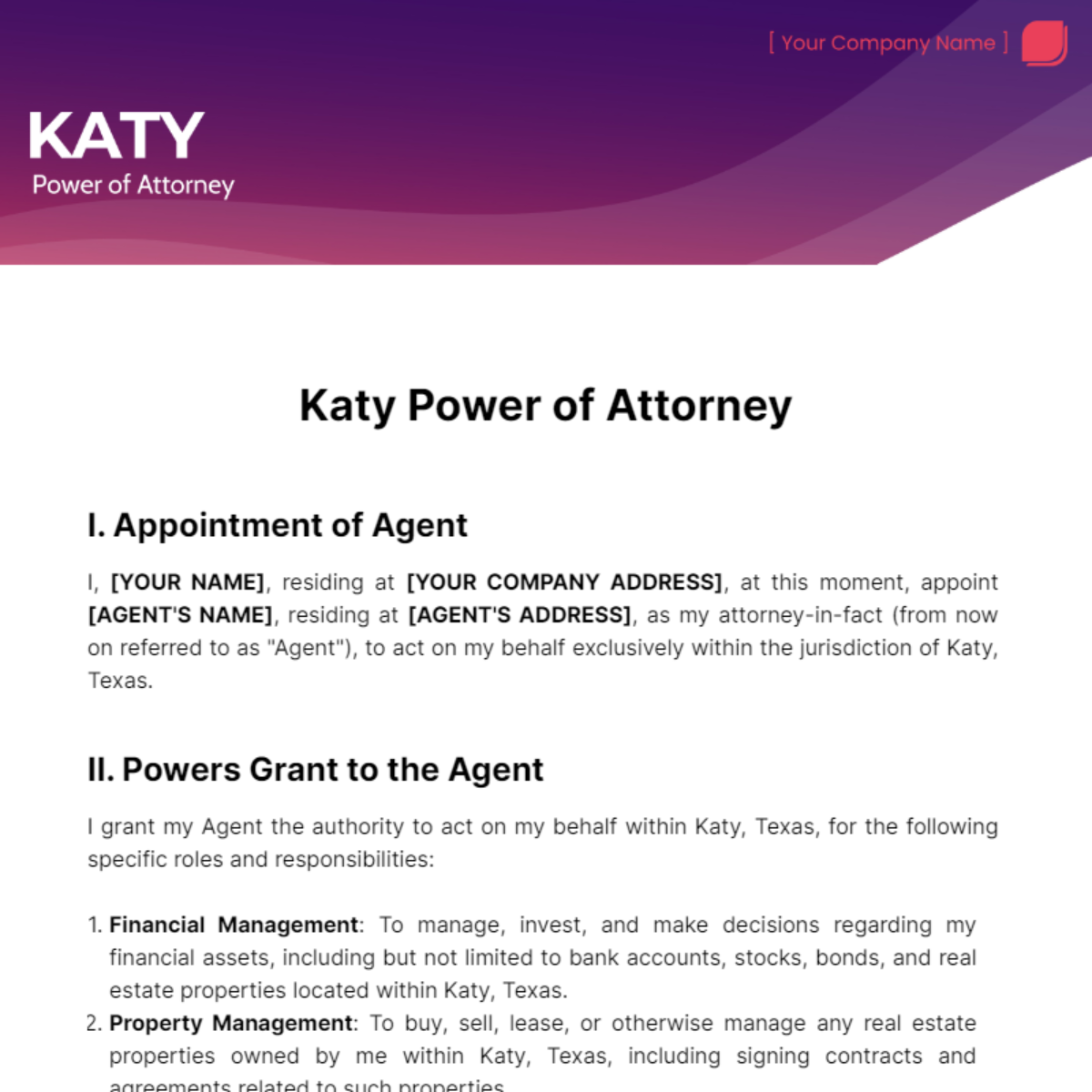 Katy Power of Attorney Template