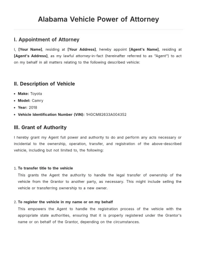 Free Alabama Vehicle Power of Attorney Template to Edit Online