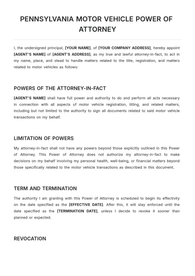 Free Pennsylvania Motor Vehicle Power of Attorney Template to Edit Online