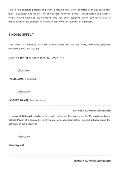Free Pennsylvania Motor Vehicle Power of Attorney Template to Edit Online