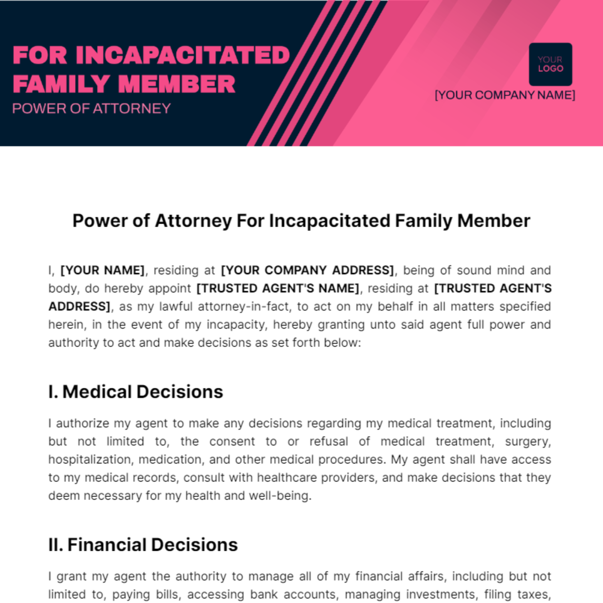 Power of Attorney For Incapacitated Family Member Template
