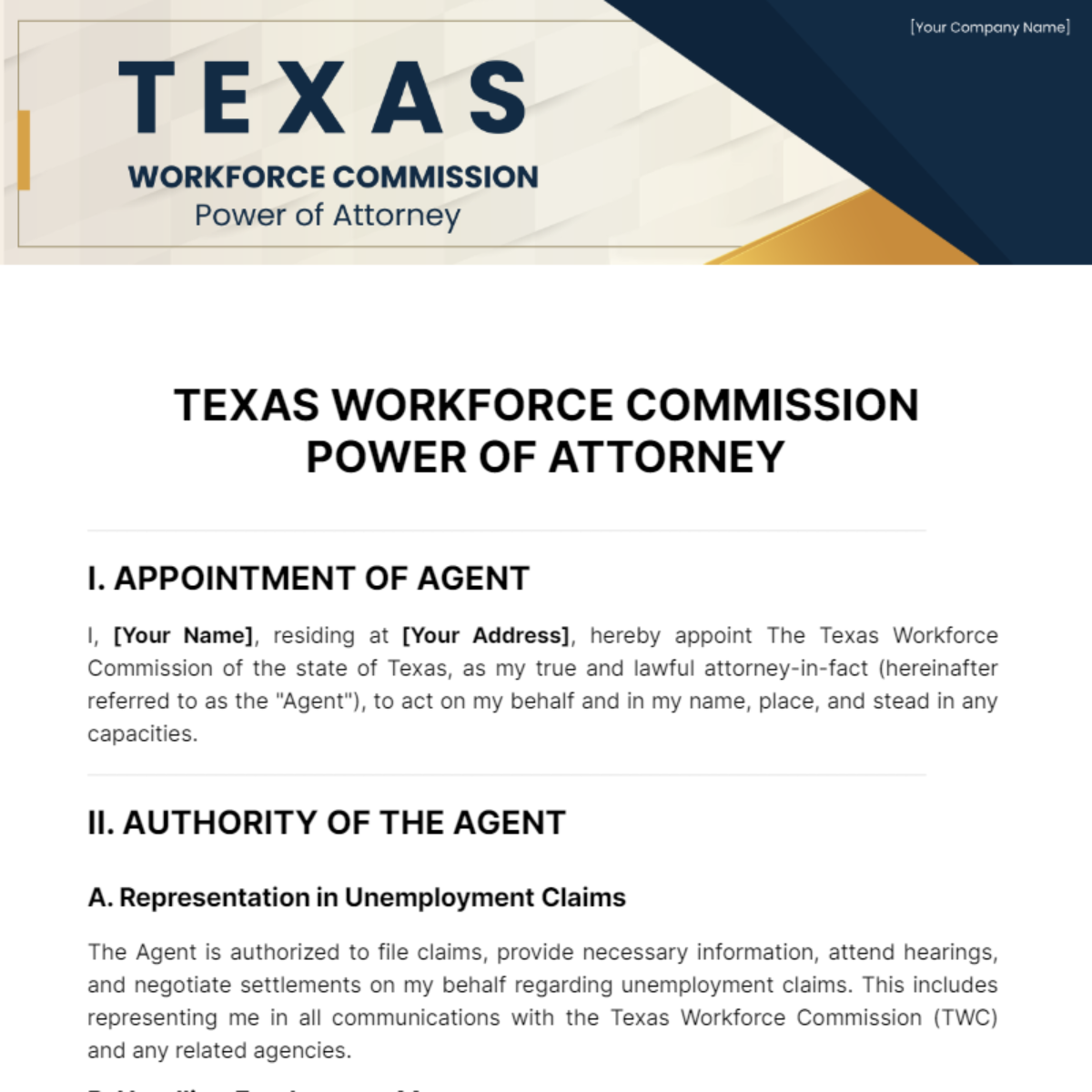 Free Texas Workforce Commission Power of Attorney Template