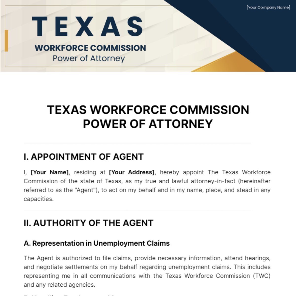 Texas Workforce Commission Power of Attorney Template - Edit Online & Download