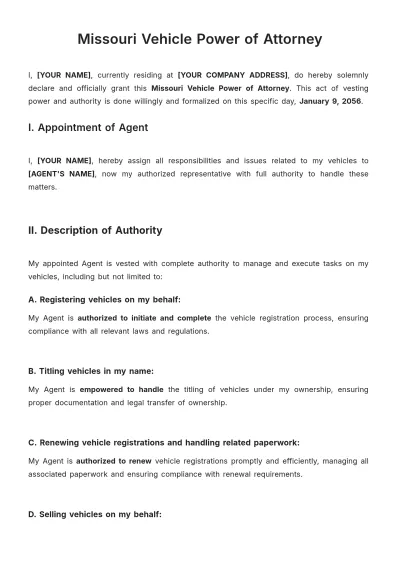 Free Missouri Vehicle Power of Attorney Template to Edit Online