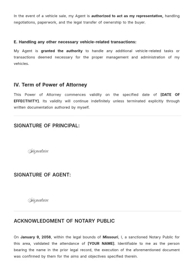 Free Missouri Vehicle Power of Attorney Template to Edit Online