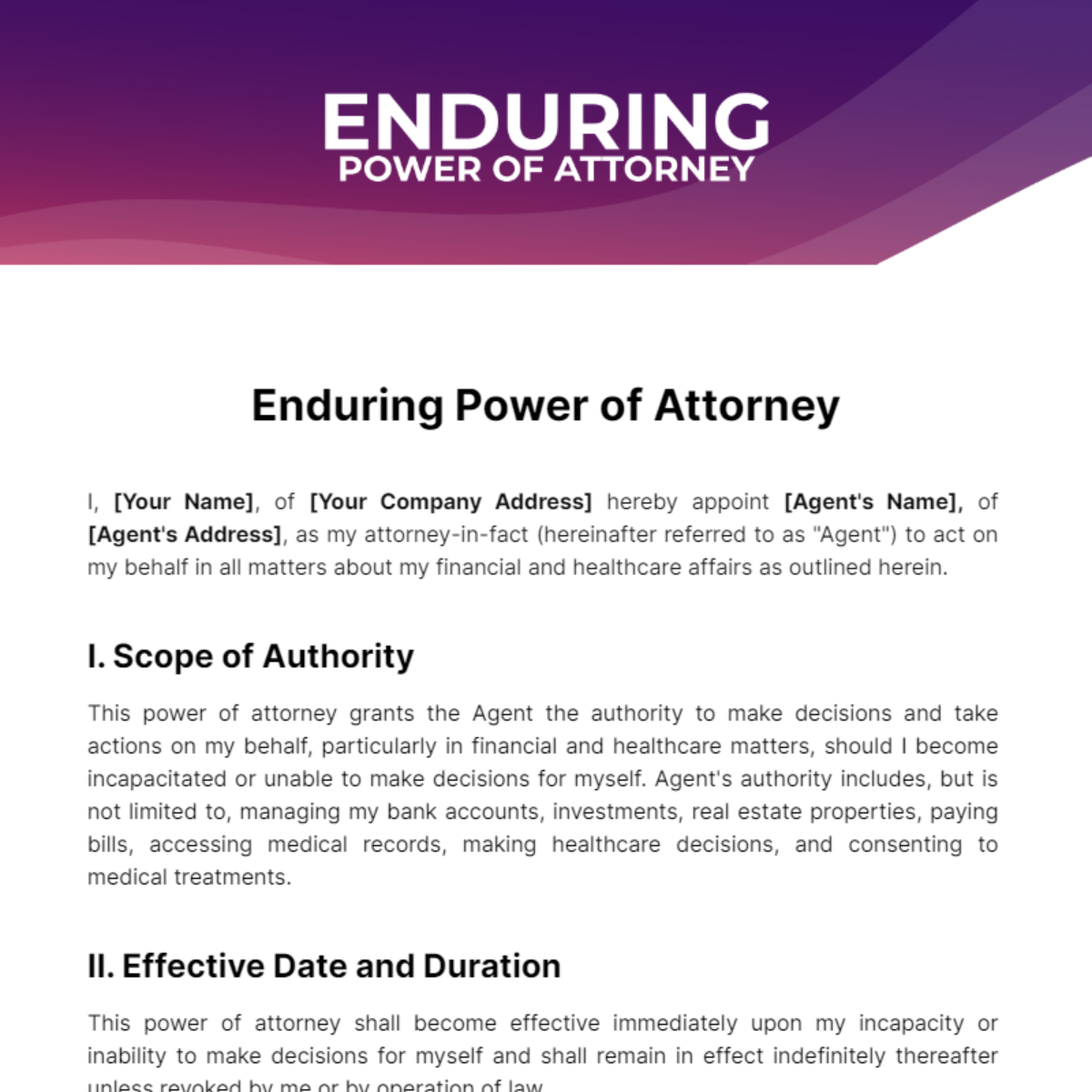 Enduring Power of Attorney Template