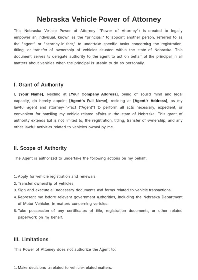 Free Nebraska Vehicle Power of Attorney Template to Edit Online